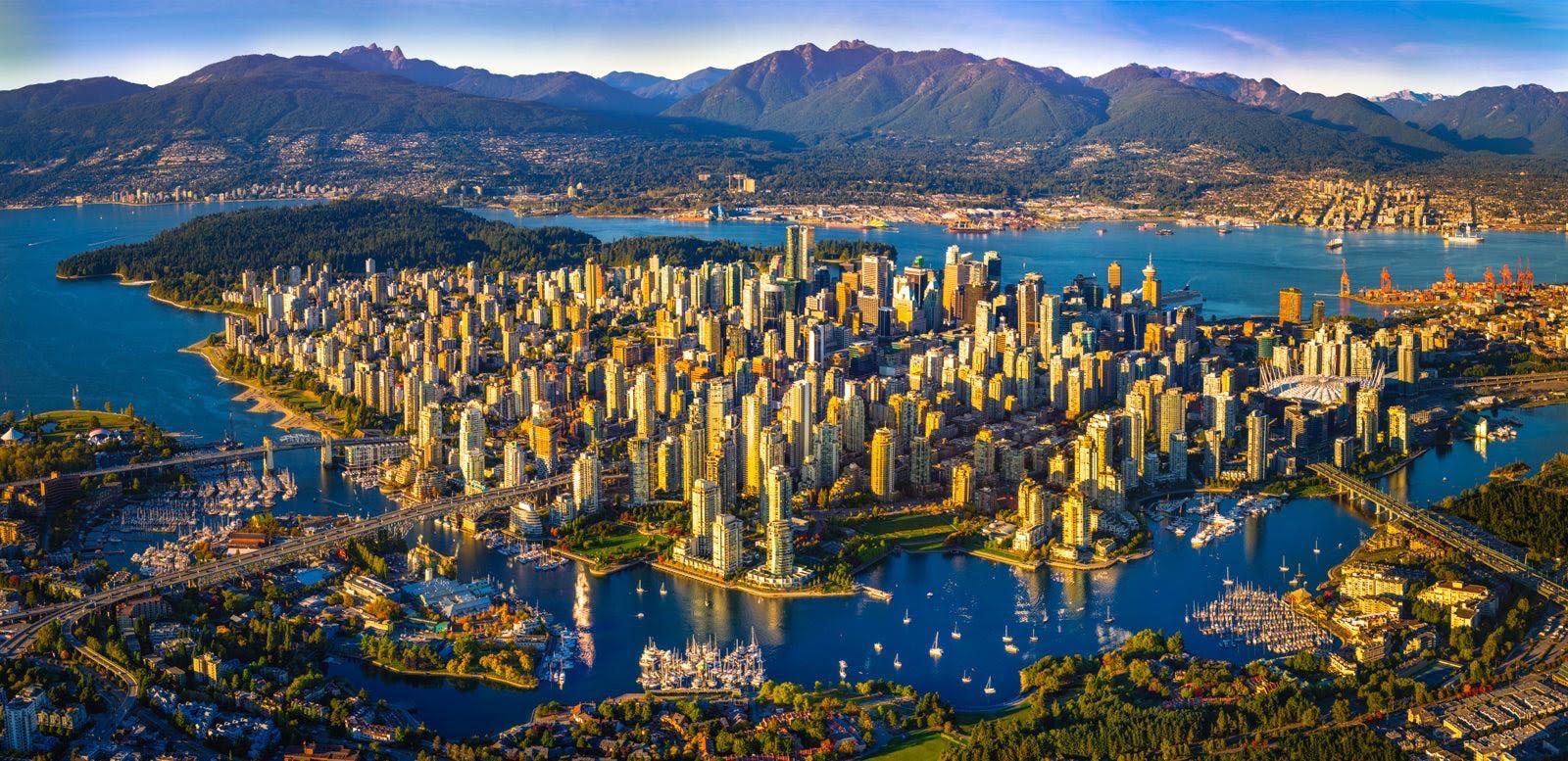 Aerial view of Vancouver skyline and mountains